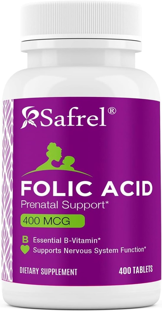 Safrel Folic 酸 400 mcg - ビタミン B9-400 錠, 胎児開発のためのエッセンシャル プレナタールと産後ビタミン, 赤血球の生産, 細胞と神経発達   非GMO, 完全菜食主義者の