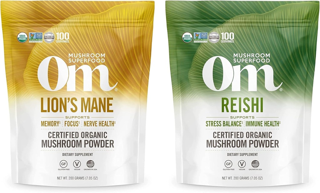OM MUSHROOM SUPERFOOD 7.05ozの束、ライオンのマネ及びReishiの有機のきのこの粉、200のサービング