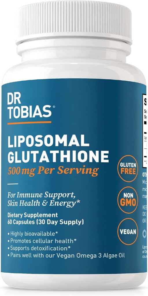 Dr. Tobias Liposomal Glutathione, 500mg Per Serving - Highly Bioavailable Glutathione Supplement, Supports Energy, Skin & Immune Health - Vegan, Gluten-Free, Non-GMO, 60 Capsules, 30 Servings