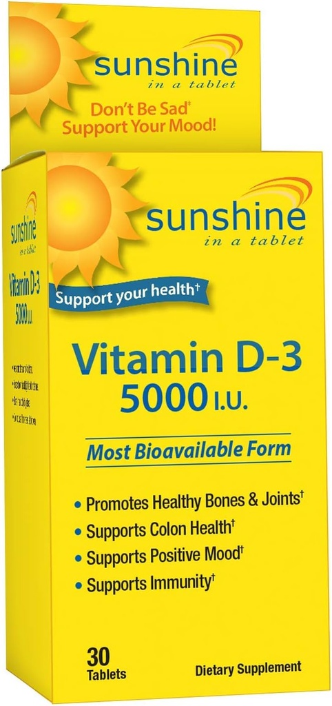 Sunshine Vitamin D-3 5,000 IU, Healthy and Strong Bones, 30 servings