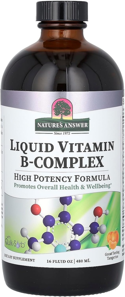 Nature's Answer Liquid Vitamin B-Complexは、健康なエネルギーレベルをサポート | 健康な神経機能を促進する | 全天然タンジェリン風味 | グルテンフリー&ベンゾエートフリー 16oz