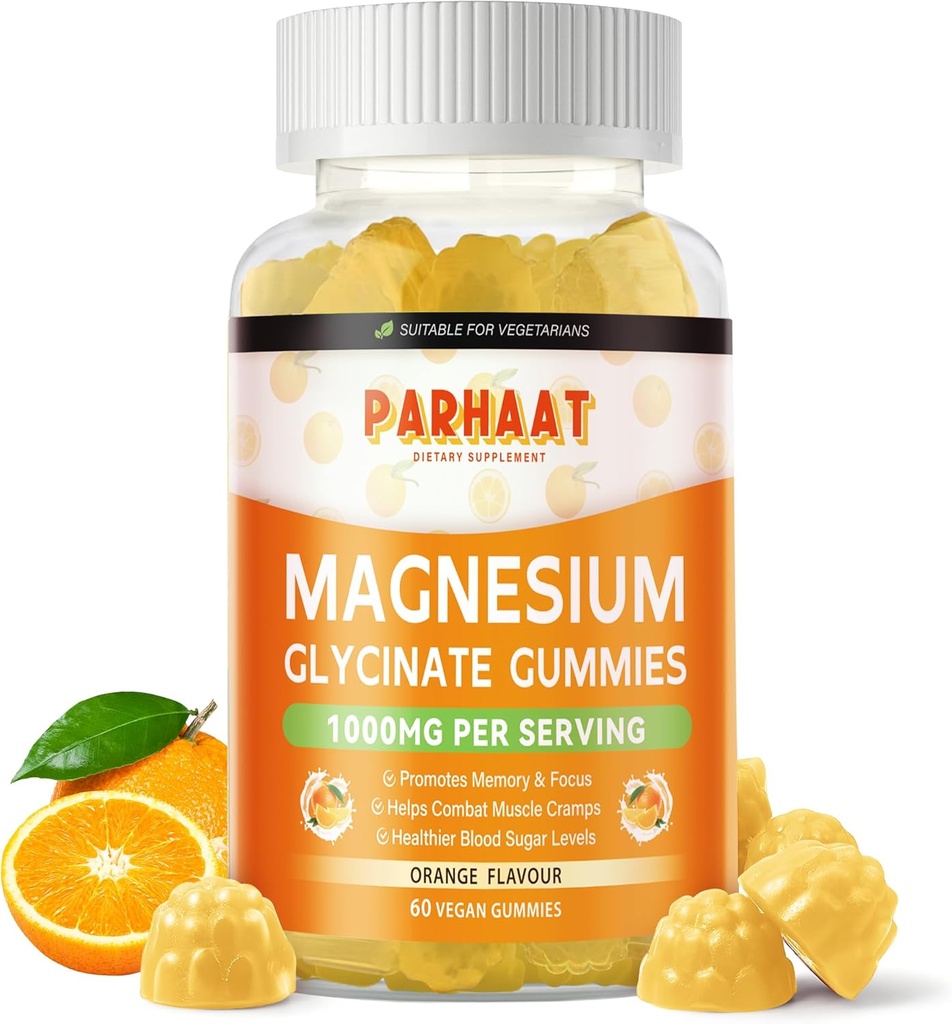 Magnesium Glycinate Gummies 1000mg - Sugar Free Magnesium Potassium Supplement with Vitamin D, B6, CoQ10 for Calm Mood & Sleep Support - 60 Orange Gummies