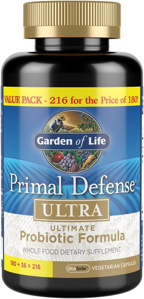 Garden of Life Probiotics for Digestive Health and Gut Health Balance, Primal Defense Ultra Ultimate Formula, 15 Billion CFU and 13 Strains Plus HSOs, Vegetarian and Gluten Free, 216 Capsules