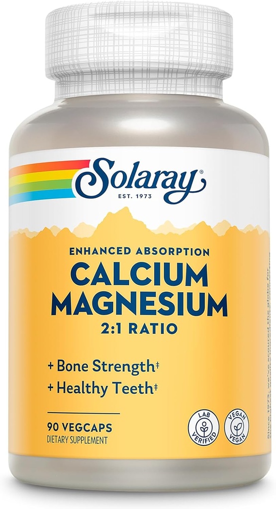 SOLARAY Calcium Magnesium Supplement, Magnesium & Calcium Supplements for Women and Men, 2:1 Ratio, Bone Health & Strength, Vegan, High Absorption, 60-Day Guarantee, 22 Servings, 90 VegCaps