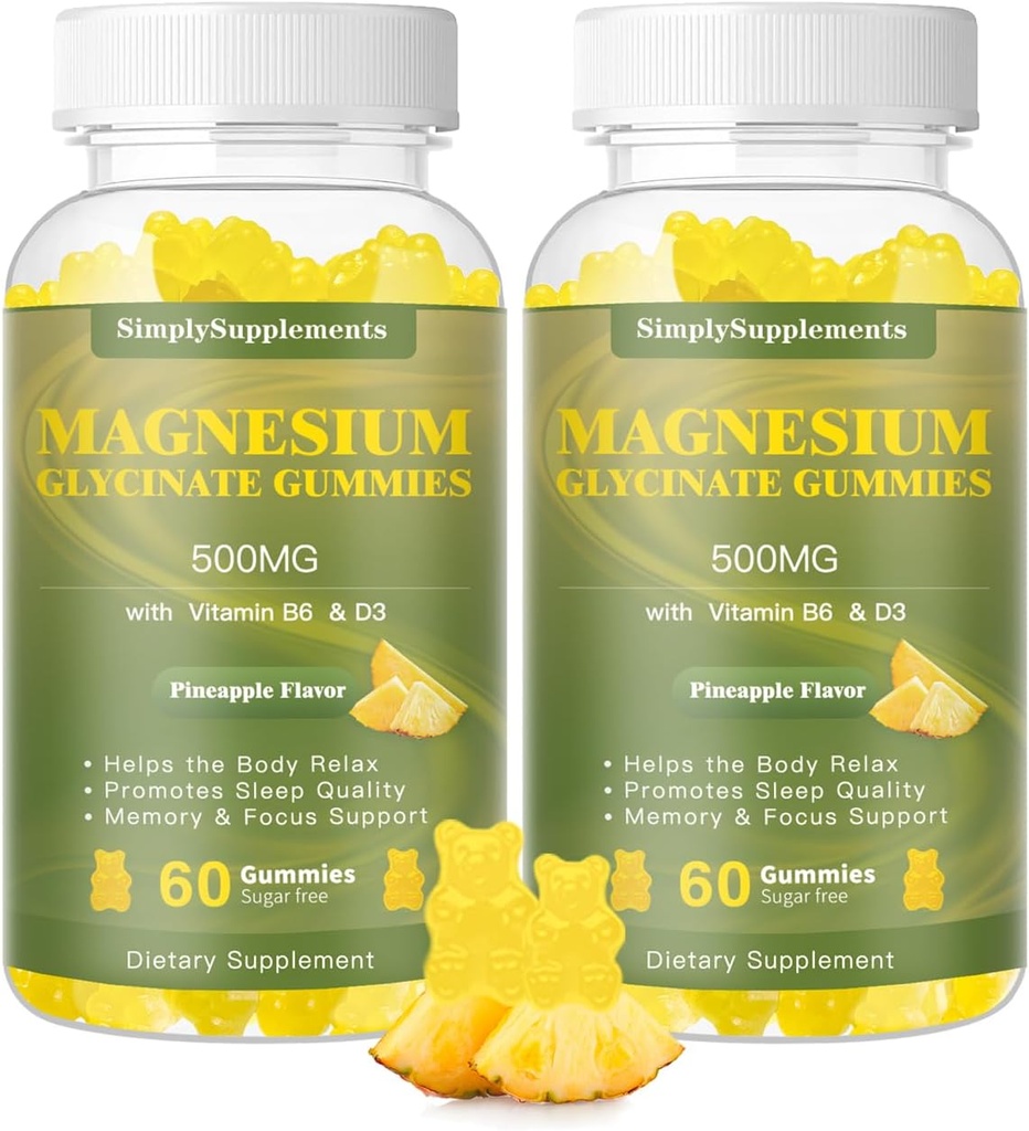 Magnesium Glycinate Gummies 500mg, Chewable Magnesium Supplement with Vitamin D3, B6, CoQ10, for Relaxation, Sleep & Mood Support, Calm Magnesium Gummy - 60 Pineapple Gummies (2 Pack)