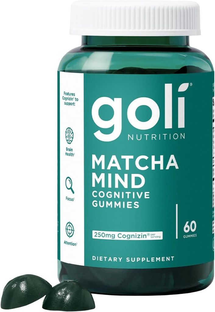Goli Matchaのマインドグミー - 60カウント - 緑茶は、焦点、注意と脳の健康、ビーガン、非GMO、グルテンフリー&ゼラチン無料のためのコグニシンとパウダーを残します。