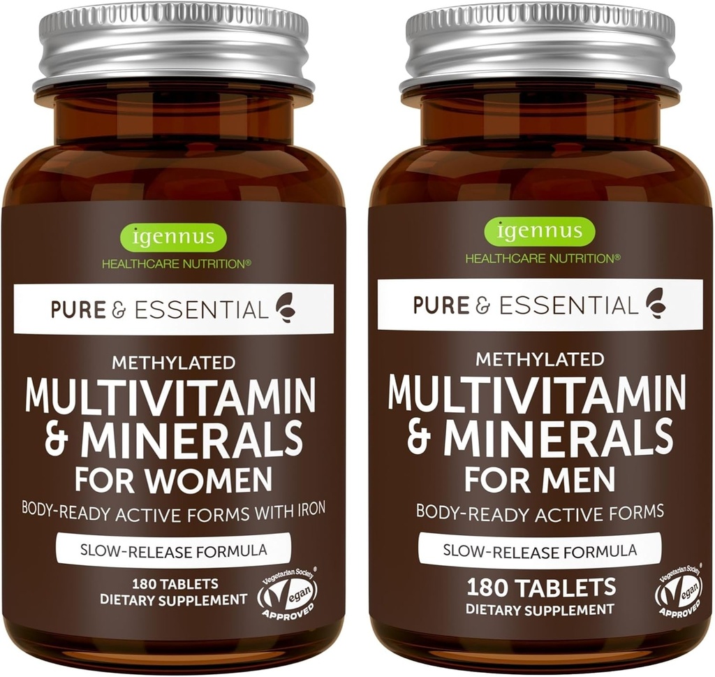 メチル化された女性のMultivitamin +人のMultivitaminの束、活動的なB-VitaminsのMTHFRの補足、きれいなラベル及びビーガン、180のタブレット、Igennusによる