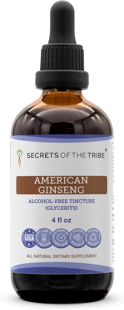 Tribe American Ginseng Tinctureアルコールフリー液体エキスの秘密, 農場はアメリカのGinsengを成長させました (Panax Quinquefolius) 乾燥ルート (4 FL OZ)