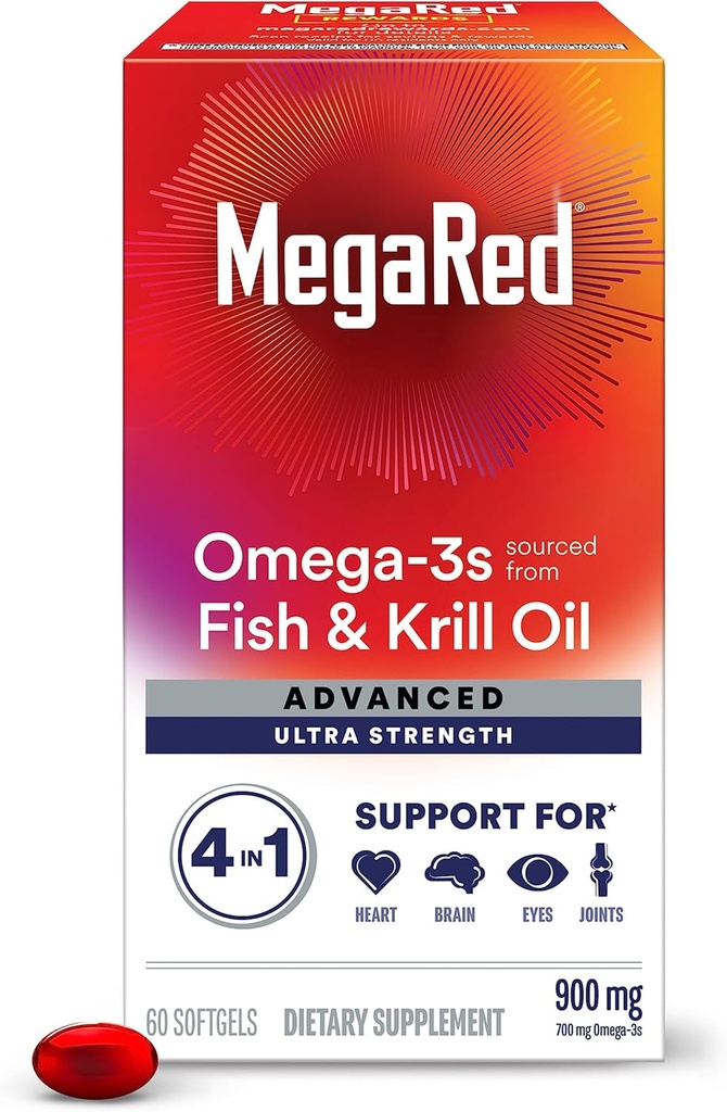 Megared Omega-3 魚 & Krill オイルの補足 900mg - MegaRed 高度 4in1、60 のsoftgels、2x より多くの Omega-3、中心、接合箇所、頭脳および目の補足、赤、60 の計算