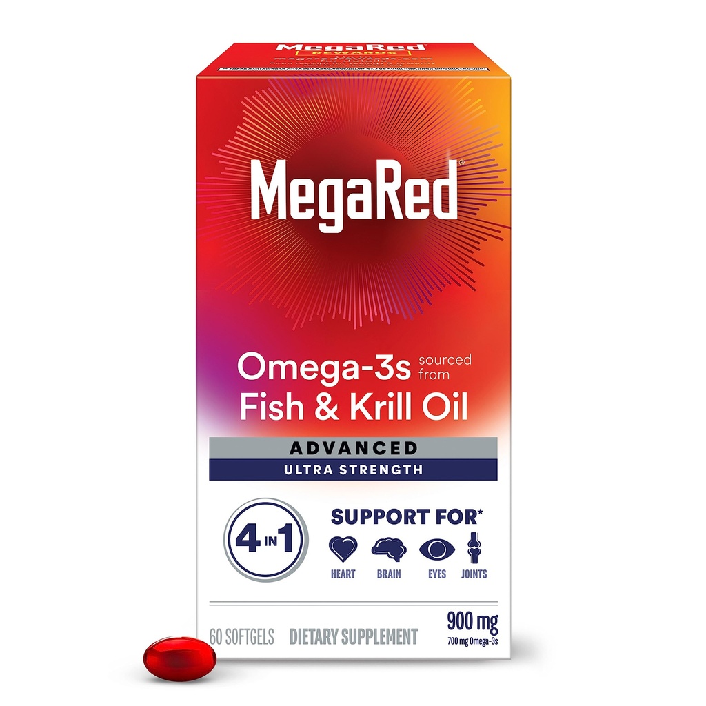 Megared Omega-3 魚 & Krill オイルの補足 900mg - MegaRed 高度 4in1、60 のsoftgels、2x より多くの Omega-3、中心、接合箇所、頭脳および目の補足、赤、60 の計算