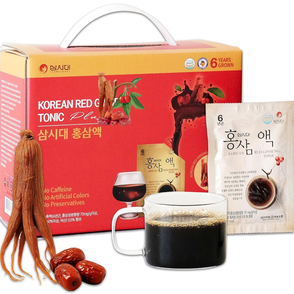 SamSiDae韓国レッドジンセントニック - 6年はジュブ&コルナスフルーツエキスでルーツを育てました - カフェインフリーハーブサプリメント - エネルギーと免疫の健康をサポート - 20便利な毎日のポーチ