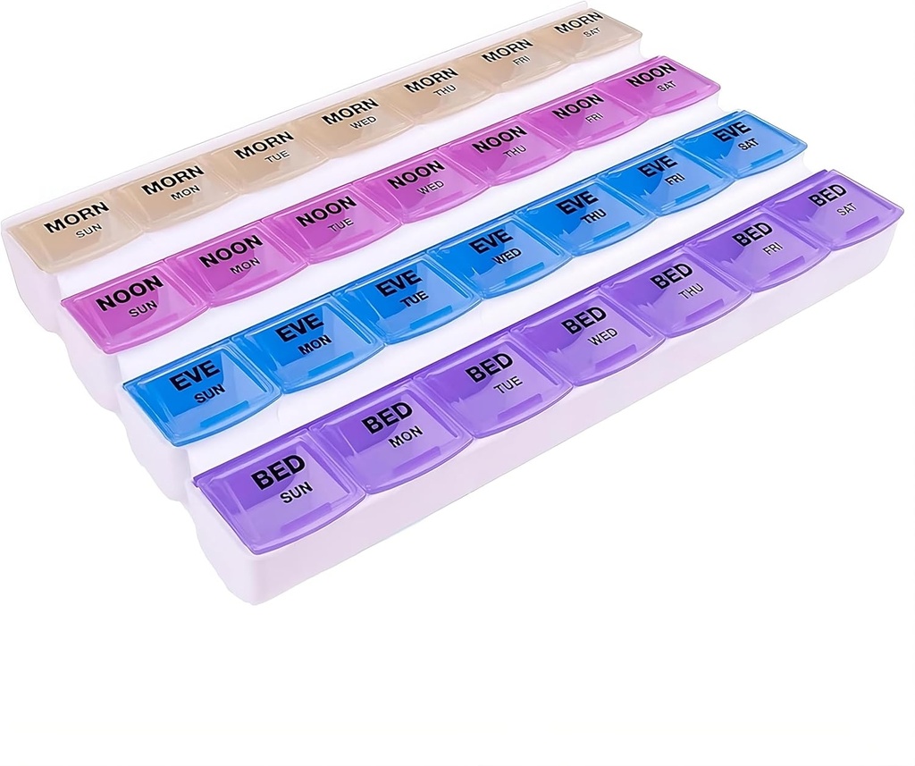 Apex 7日メディプランナーピルオーガナイザー、週刊ピルオーガナイザー、4回デイカラーコード、Easy-Open、参照-Through Lids、AM、PM、夕方、Bedtimeによる薬効またはビタミンを整理
