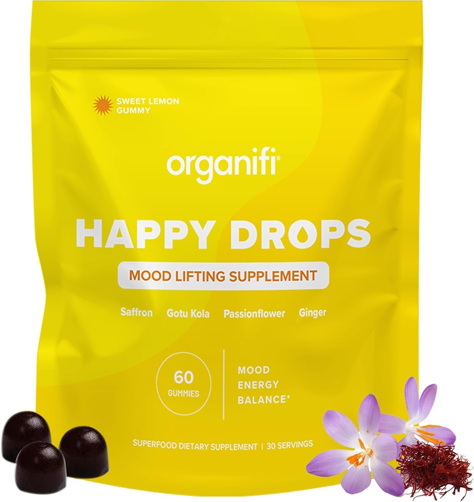 Organifi ハッピードロップ - 大人のための毎日のスーパーフードハッピーグミ - バランス、Bliss、エネルギーとエッジオフを取るための気分サポートサプリメント - 甘いレモン風味 - 60 グミ