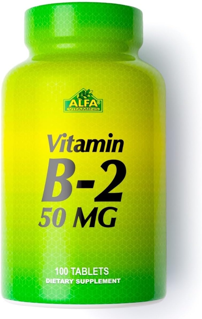 ALFA VITAMINS Vitamin B2 (Riboflavin) 50mg Supplement, Supports Energy Production, Skin, Eyes & Cognitive Health, Non GMO, Gluten Free, Dietary Supplement for Daily Health and Well-Being 100 Tablets