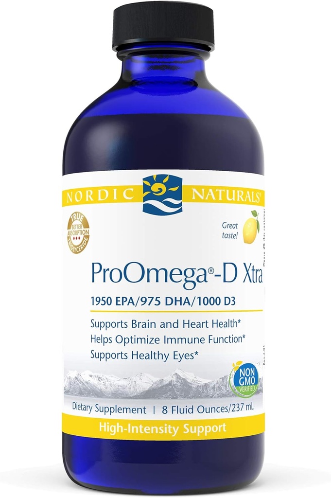 Nordic Naturals ProOmega-D Xtra Liquid、レモンフレーバー - 8 oz - 3400 mg Omega-3 + 1000 IU D3 - 高周波魚油 - EPA&DHA - 脳、目、心、免疫の健康 - 非GMO - 48 サービング