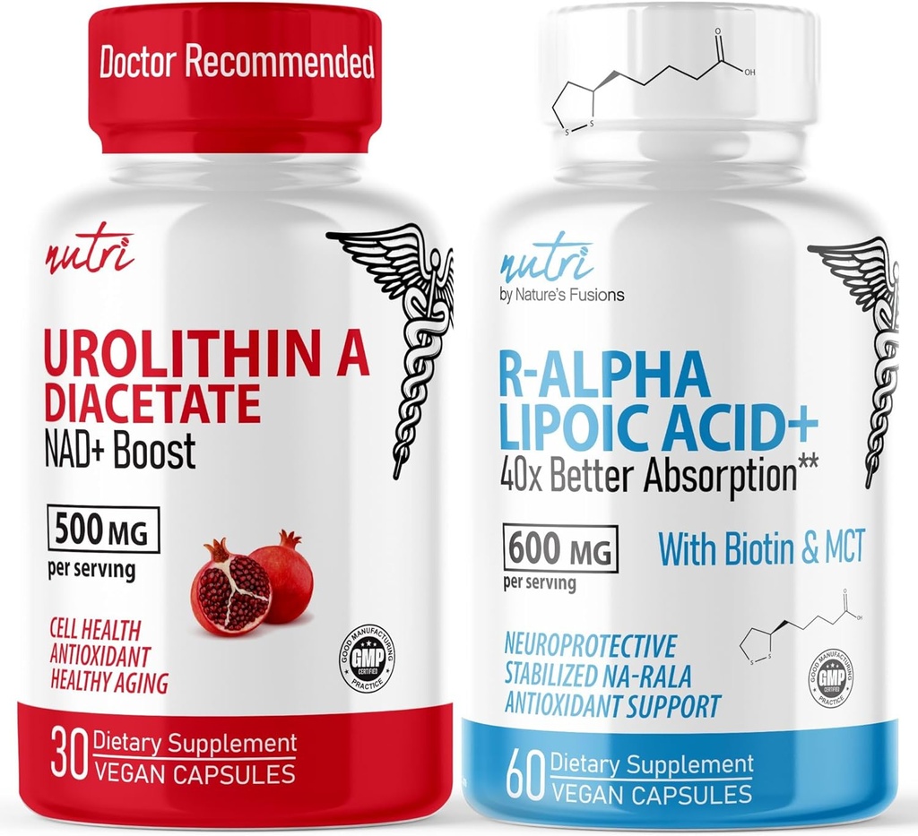 Nature's Fusions Urolithin A Diacetate 500mg&Rアルファリポ酸600mg(60カプセル) - 抗酸化/エネルギーバンドル