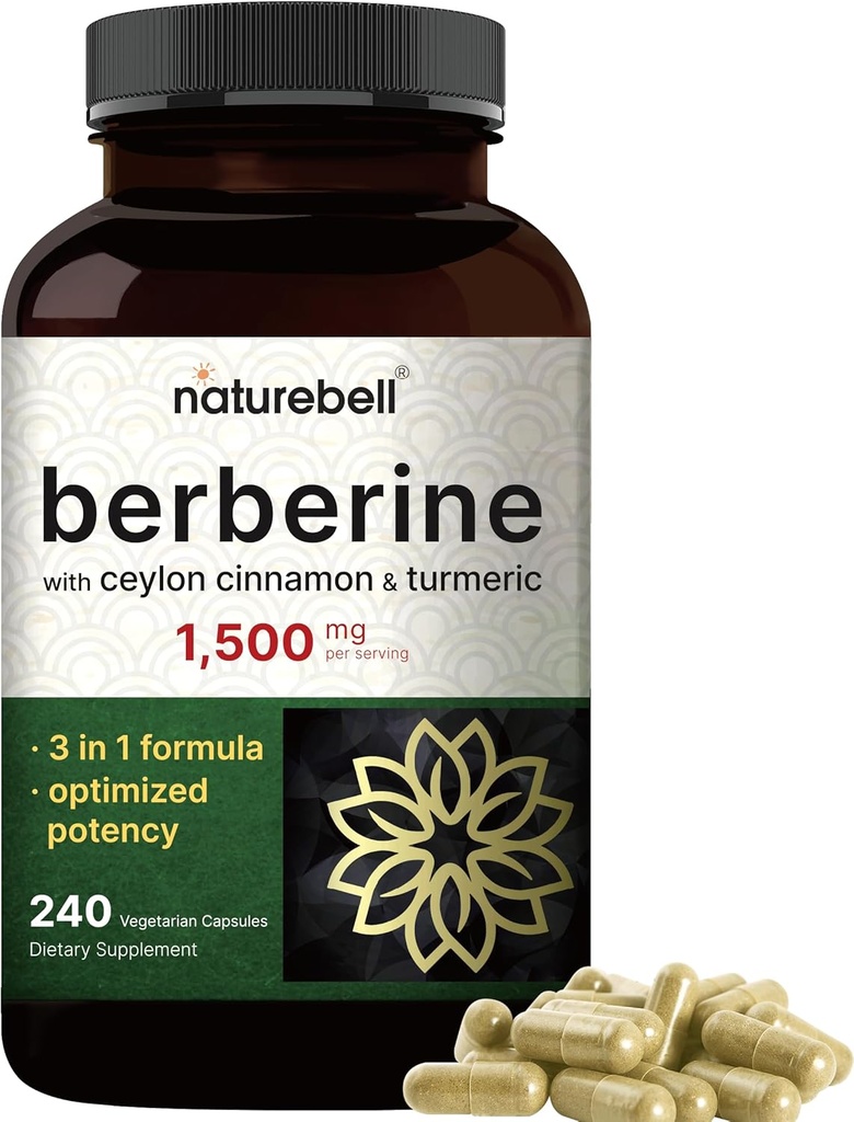 Berberine Supplement 1500mg with 1000mg Ceylon Cinnamon & 300mg Turmeric, 240 Veggie Capsules | 97% Pure Berberine HCL | Supports Balanced Sugar Levels & Heart Health | Vegan, Non-GMO