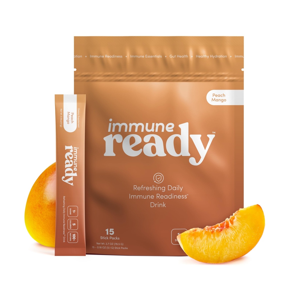 Immune ReadyTM 電解液パウダーパック - ビタミンC、亜鉛ピコリン酸塩、インリンパウダー、ベータグルカン - 砂糖なしピーチマンゴー、15サービング