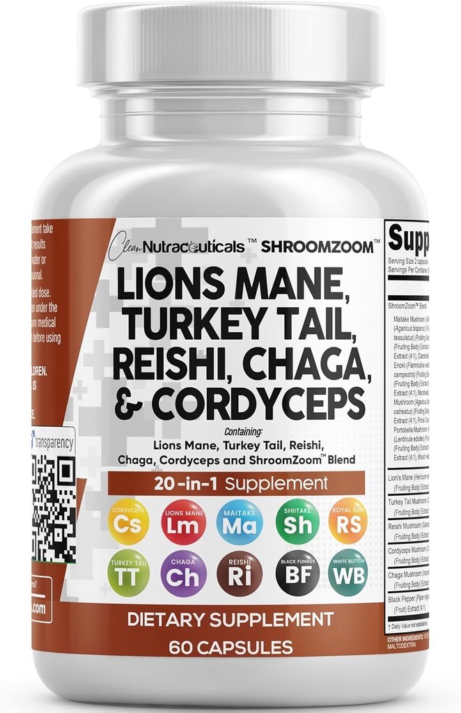きれいなNutraceuticalsのライオンのマネ20in1のマッシュルームはトルコの尾ReishiのCordyceps Chaga Maitake Meshima PoriaのココスシイタケOyster Porcini Enoki - 1のパックとマッシュルームの補足します