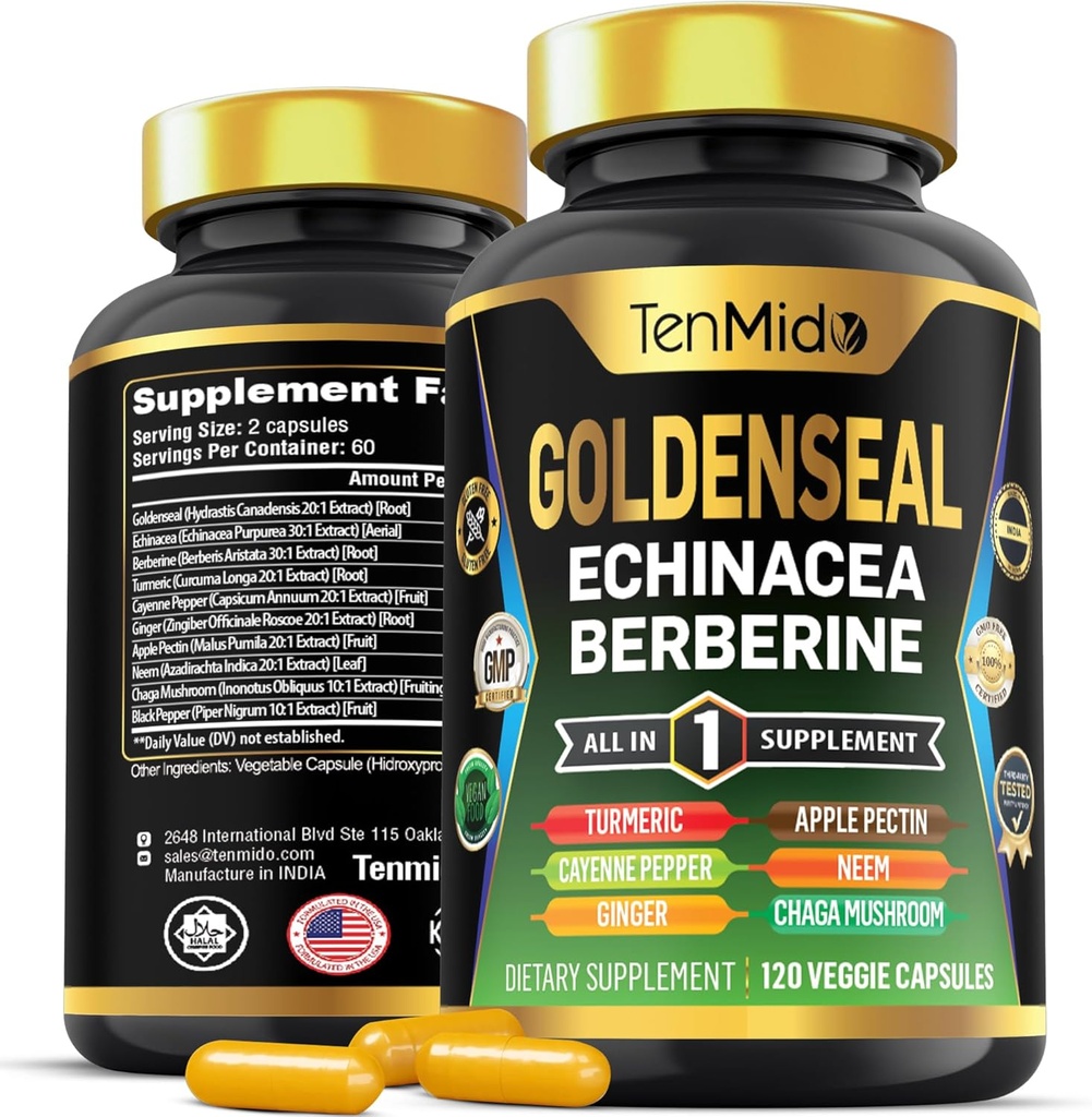 Goldenseal Root Supplement - 10in1 Formula - Combine with Echinacea, Berberine, Turmeric, Cayenne Pepper, Ginger, Apple Pectin, Neem, & More - Digestive Health Support - 120 Capsules