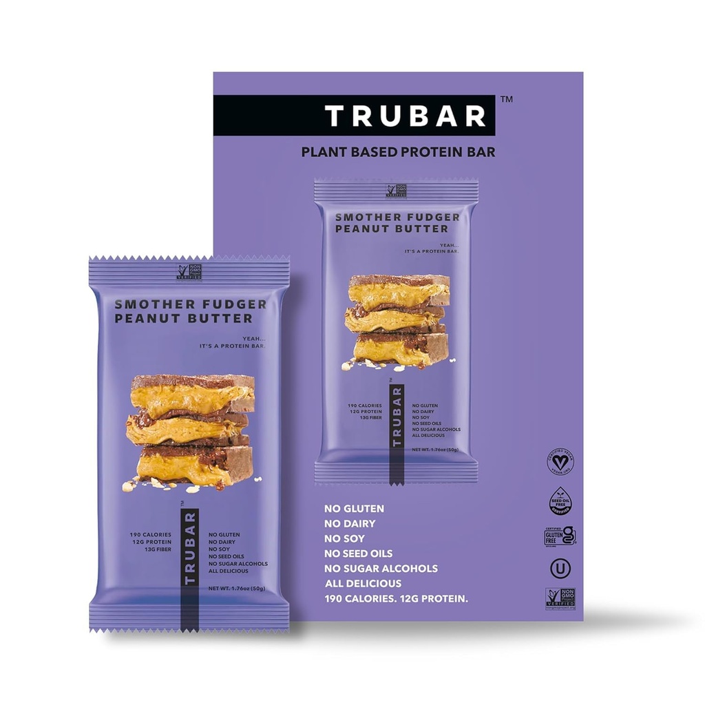 TRUBAR Vegan Protein Bars - Smother Fudger Peanut Butter, Soy Free, Dairy Free, Gluten Free Protein Bars - No Sugar Alcohols - Non-GMO - 12g of Protein - 12 Count