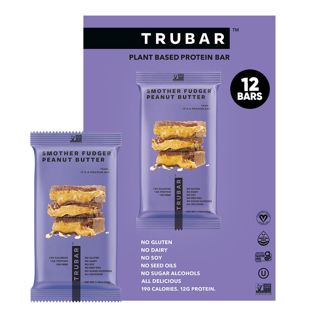 TRUBARビーガンプロテインバー - Smother Fudger Peanutバター、大豆フリー、酪農場フリー、グルテンフリープロテインバー - 砂糖アルコールなし - 非GMO - 12gのタンパク質 - 12カウント
