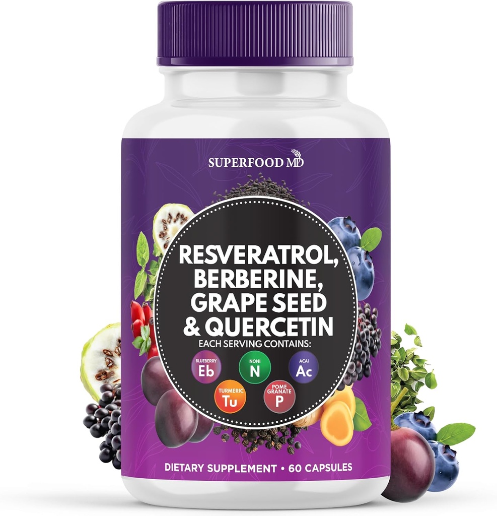 Resveratrol Berberineのブドウの種のエキスのケルセチン-N-Acetyl CysteineのN-Acetylのエキスが付いているポリフェノールの補足、Acaiのエキス-米国で作られる- 60のカプセル