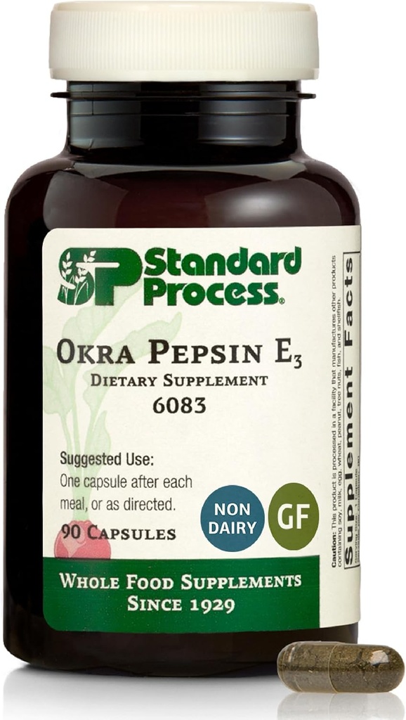 標準的なプロセスInc. Okra Pepsin E3 - 全食糧消化器の健康、Cholesterol、ペプシン、アルファルファ、スペインの苔、そば粉およびオクラ、グルテンフリー- 90のカプセルが付いている腸および腸の洗剤
