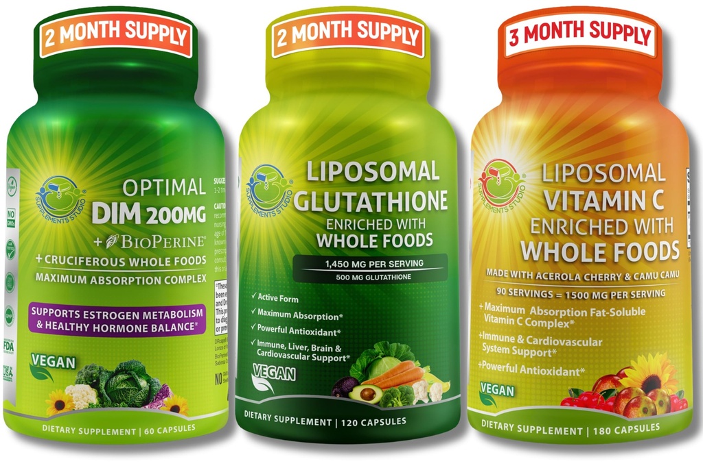 女性&男性のためのトータル免疫、ホルモン&抗酸化サポートバンドル - Liposomalグルタチオン500mg + LiposomalビタミンC 1500mg + BioPerine®とCruciferous全食品とDRM 200mg - ビーガン&非GMO