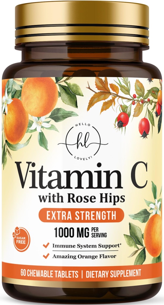 ビタミンCサプリメント1000mg - ローズヒップBioflavonoids - 砂糖無料ビタミンC咀嚼可能なピル、免疫サポート&抗酸化保護のための自然のVit C - 60ケブル錠