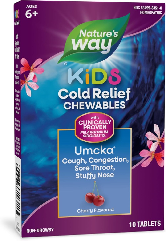Nature's Way Kidsは、冷たい救済の咀嚼、Umcka、年齢6 +、短時間化し、重症、多症状風邪救済、非眠気、チェリー風味、10錠を削減します
