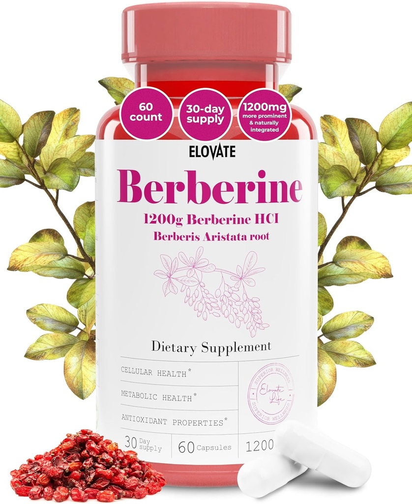 Elovate Berberine HCIカプセル、1200mg - オールナチュラル、3rdパーティテスト、非GMO&グルテンフリーのBerberineサプリメント、ハート&消化、60カウント