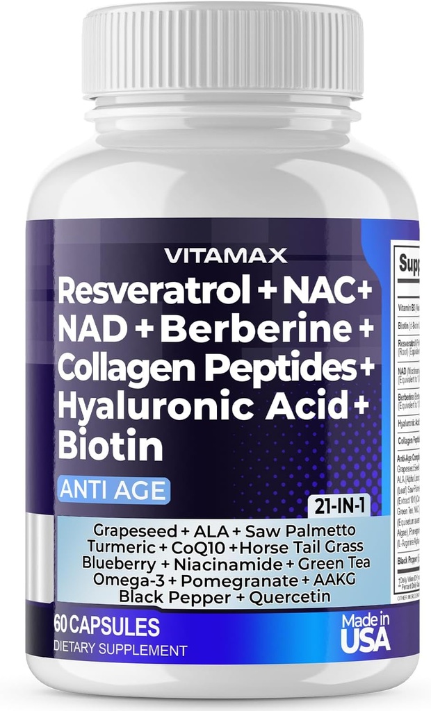 Resveratrol NAD + Berberine Hyaluronic 酸 - バイオチンのブドウ及びブルーベリー + NAC - コラーゲンのペプチッド - 毛、釘、皮及び接合箇所の補足 - 21-in-1 の女性および人-米国(60 の計算)で作って下さい