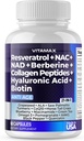 Resveratrol NAD + Berberine Hyaluronic 酸 - バイオチンのブドウ及びブルーベリー + NAC - コラーゲンのペプチッド - 毛、釘、皮及び接合箇所の補足 - 21-in-1 の女性および人-米国(60 の計算)で作って下さい