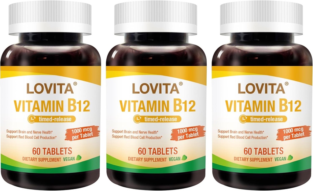 Lovita ビタミン B12 1000 mcg (B12 ビタミン Cyanocobalamin), タイム リリース B12, 完全菜食主義者の, 神経系をサポート, 60 菜食主義者のタブレット (2 ヶ月の供給) (パック 3)
