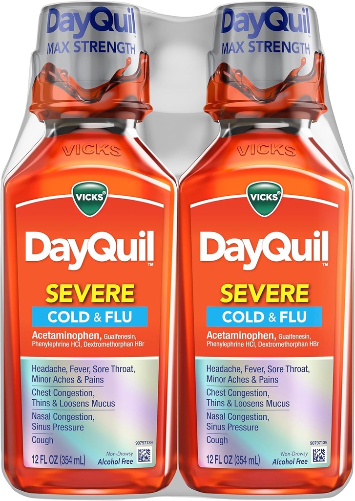 Vicks DayQuil Severe 風邪 & Flu 液体薬, 頭痛のための昼間の救助, ファーバー, 痛み & 痛み, 胸の混雑, 鼻の混雑, 鼻の圧力, & 咳, 2x12oz