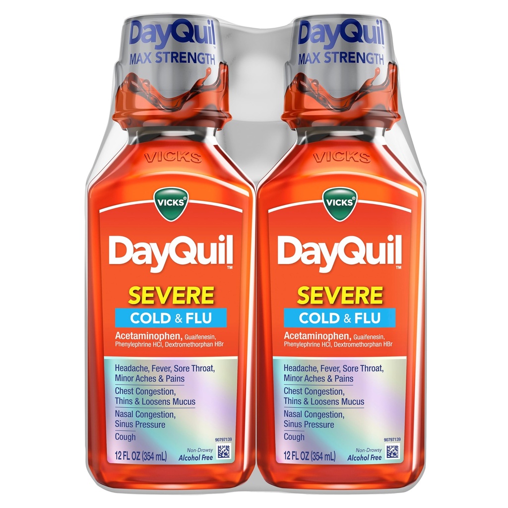 Vicks DayQuil Severe 風邪 & Flu 液体薬, 頭痛のための昼間の救助, ファーバー, 痛み & 痛み, 胸の混雑, 鼻の混雑, 鼻の圧力, & 咳, 2x12oz
