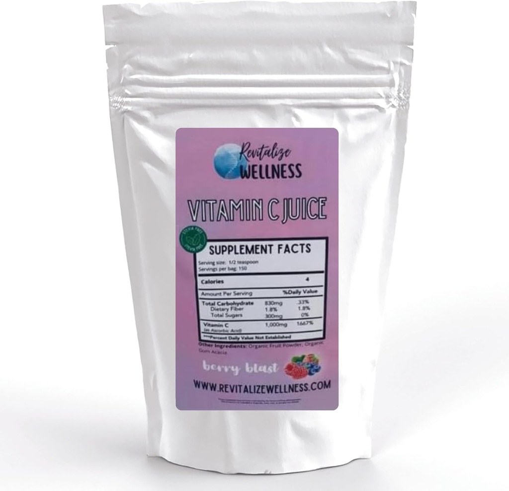 Vitamin C Juice Powder | 1000 mg Vitamin C as Ascorbic Acid per Serving | Berry Blast Flavor | No Added Sweetener | 150 Servings