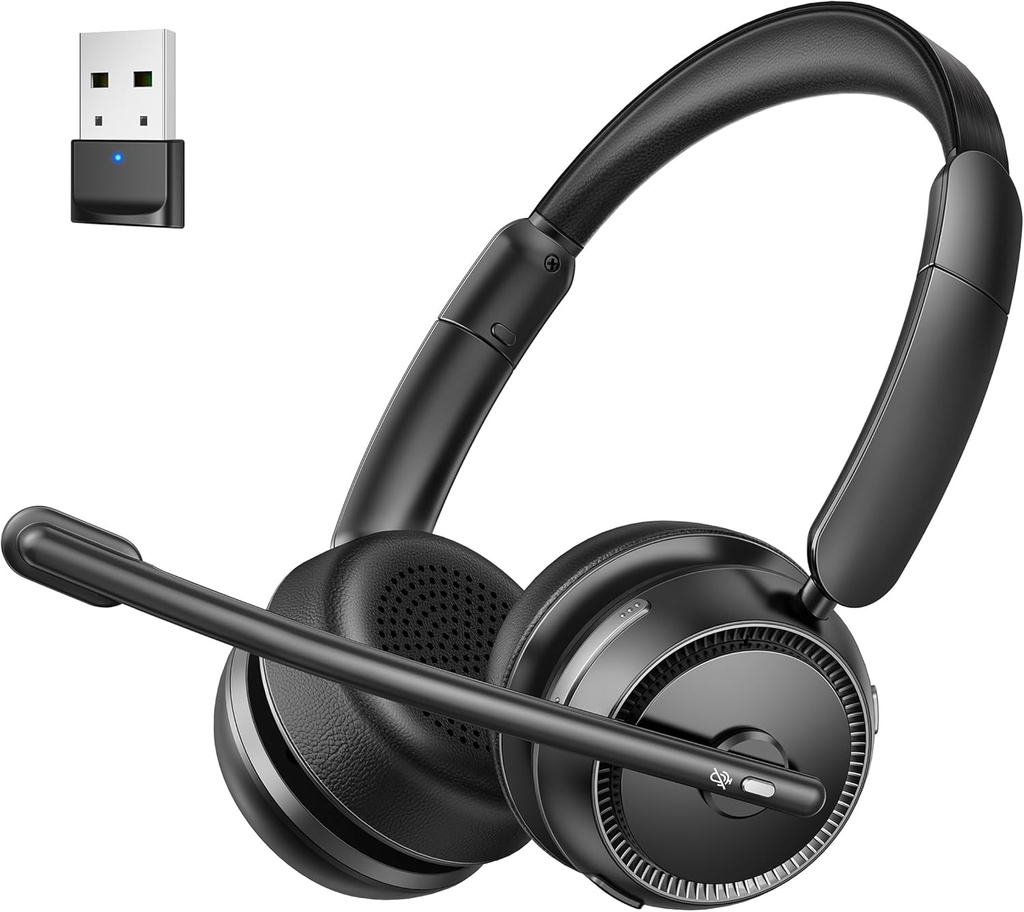 Bluetooth ヘッドセット(AI ノイズキャンピングマイク、ステレオ HiFi Bluetooth ヘッドフォン、コンピュータオフィスコールセンター Skype Zoom ミーティングトラッカー用 USB Dongle 付きワイヤレス ヘッドセット)