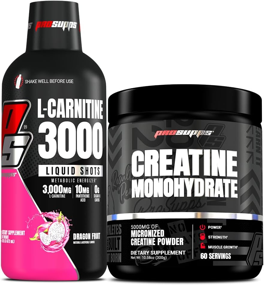PROSUPPS L-カルニチン3000興奮剤フリー液体ショット(31サービング、ドラゴンフルーツ)とクレアチン300モノハイド(60サービング)バンドル