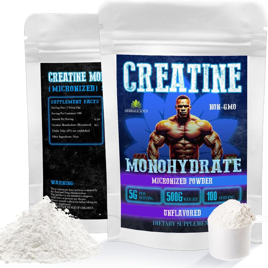 HERBALICIOUS Creatine Monohydrate Micronizedの粉–強さ、力および性能のためのサービングごとの5g–非吸収される、非GMOの方式–100のサービング、500g