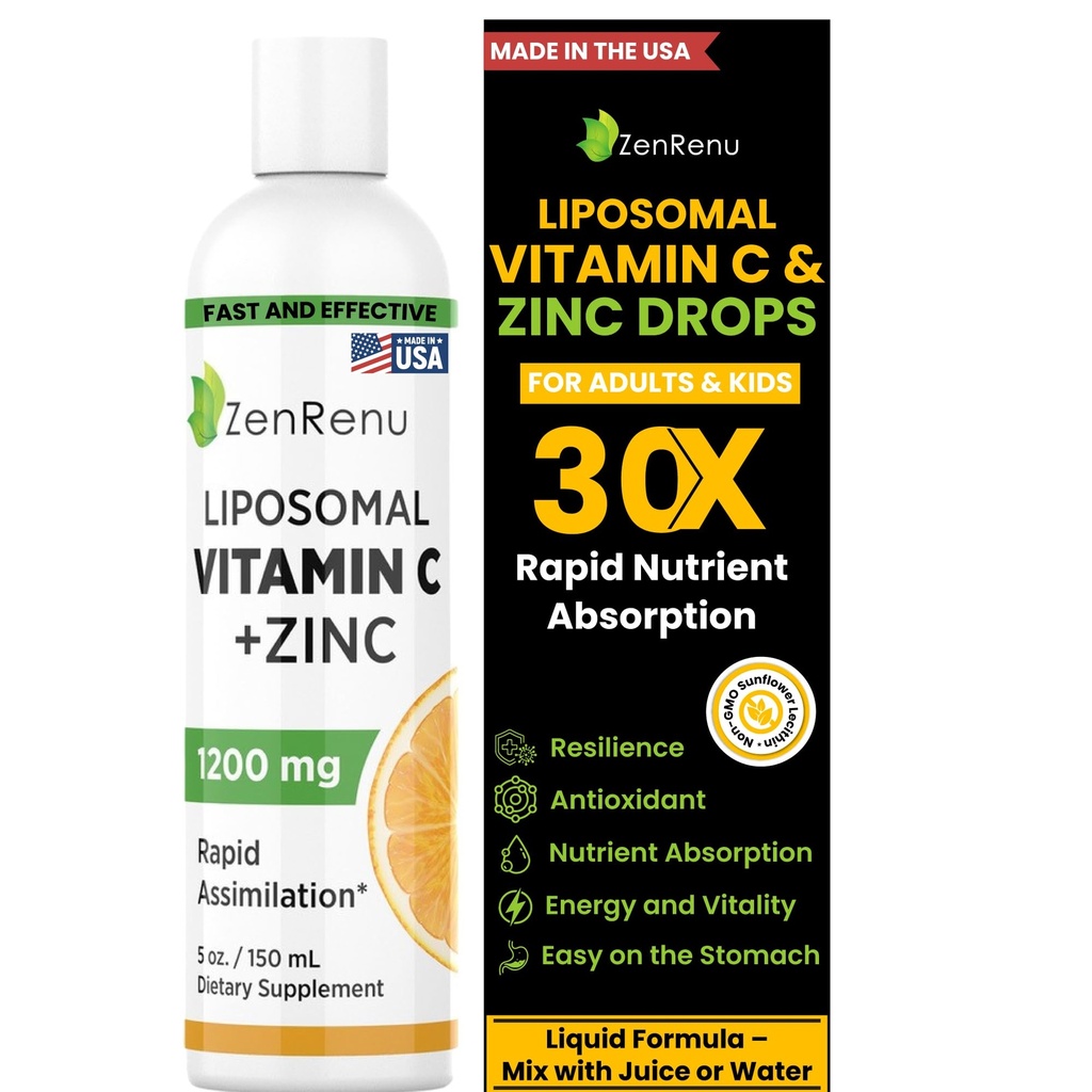 大人及び子供のためのZenrenu LiposomalのビタミンCおよび亜鉛液体飲み物-非GMOのヒマワリルシチン-最高の酸化防止及び免疫サポート、5つのoz/150のml