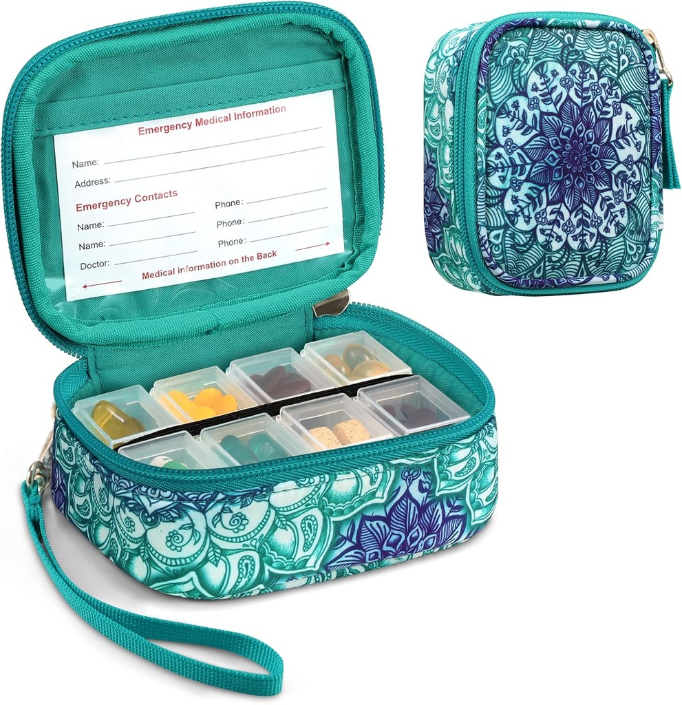 FINPACの丸薬のオルガナイザー、週刊のための8のコンパートメント旅行の丸薬の箱7日の薬の心配、密集した及びかわいい薬のビタミン ディスペンサーおよびホールダー(Emeraldの病気)