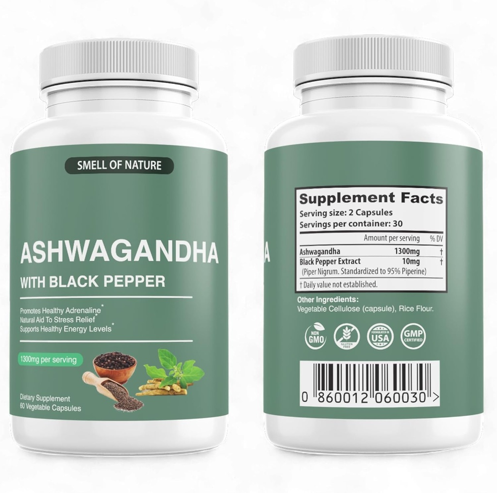 Nature's Smell Organic Ashwagandhaは、ブラックペッパーエキスでサプリメント - 1300mg純粋なアシュワガンダエキス - エネルギーサポート - 非GMO、グルテンフリー、ビーガン - 60カプセル