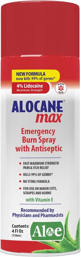 ALOCANE Emergency Burn Spray, 4% Lidocaine Max Strength Fast Pain Itch Relief for Minor Burns, Sunburn, Kitchen First Aid Treatment Burn Care, 4 Fl Oz