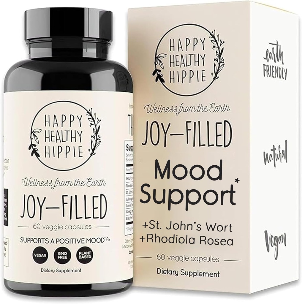 Joy-Filled Mood Support Supplement - 7 Herb Complex w/St. Johns Wort | Stress Relief – Helps Calm The Mind & Body | 100% Plant-Based Happy Pills, Ashwagandha, Rhodiola Rosea | Adaptogens, 60 Ct