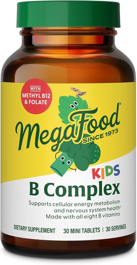 MegaFood Kids B Complex - B Complex Vitamin Supplement, 8 B Vitamins - Vitamin B6, Vitamin B12, Folate, Biotin & More, Supports Cellular Energy Production, Vegetarian, Gluten Free – 30 Mini Tablets