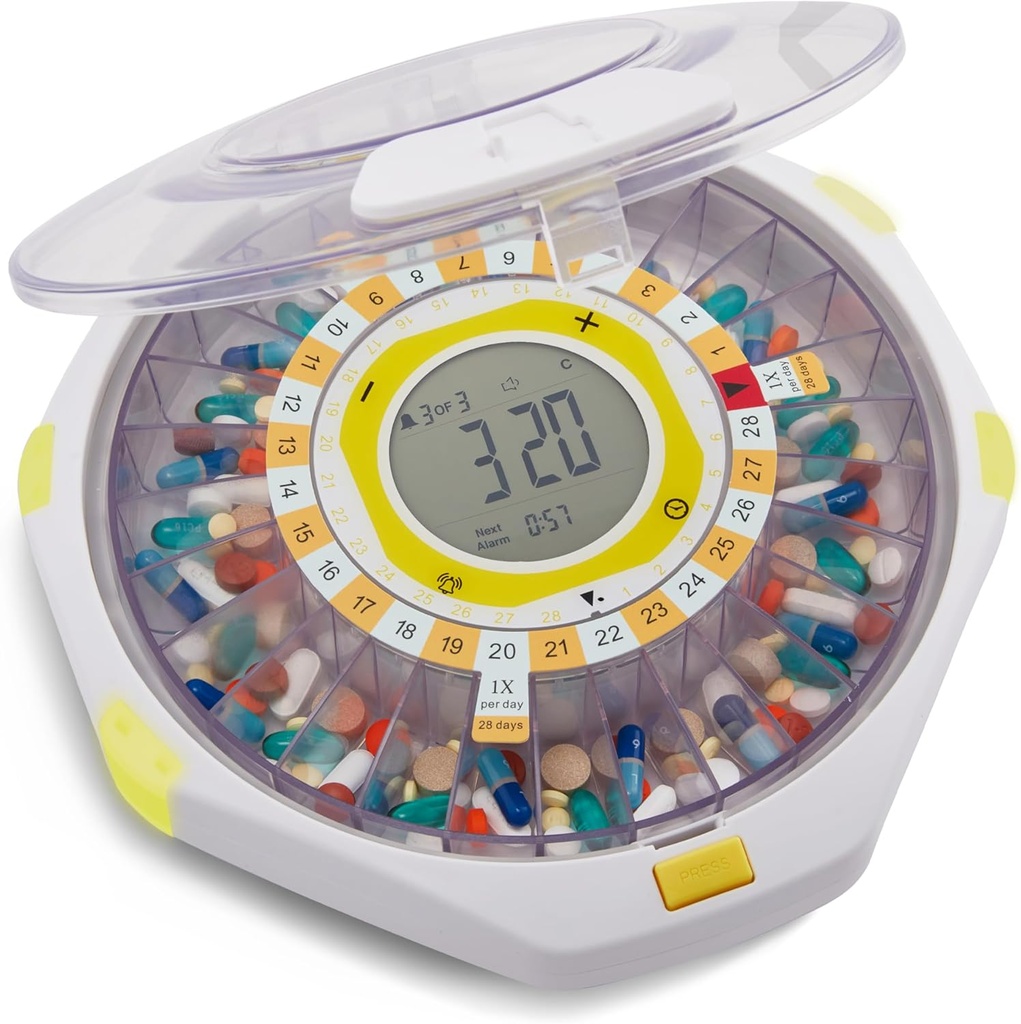 LiveFine Bluetooth Automatic Pill Dispenser, 28-Day Capacity, Sound & Light Alerts, Key Lock, LCD & Easy Setup on The LiveFine App for Prescriptions, Medications, Vitamins & Supplements - Clear Lid