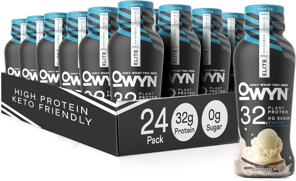 OWYNはあなたがプロエリートビーガンハイプロテインKetoシェイクを必要とするものだけ, 32gタンパク質, 9アミノ酸, Omega-3, プレバイオティクス, ワークアウトと回復, 0gネット炭水化物, ゼロ砂糖 (バニラ, 12 Fl Oz (パック 24)