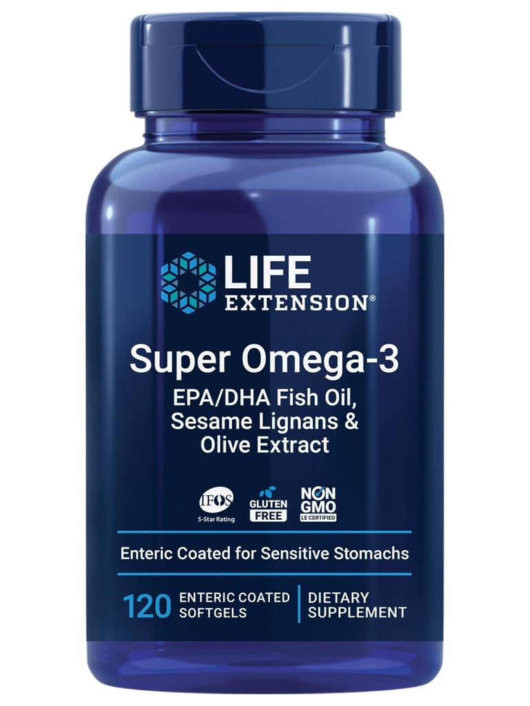 ライフエクステンションスーパーオメガ-3 EPA / DHAフィッシュオイル、セサメリガンズ&オリーブエキス - 心臓の健康、脳の健康、炎症の健康サポート、グルテンフリー、エンティックコーティング、非GMO、120ソフトゲル